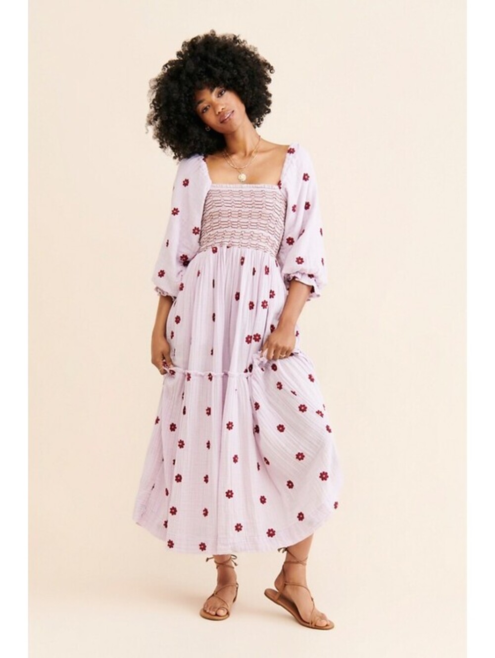 Free People - Lavender Maxi Dress Floral Embroidery and Puff Sleeves, Size XS
